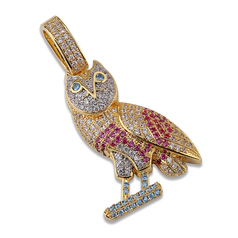 18K Gold Colorful CZ Zircon Owl Necklace Twist Chain Multi Color Iced Out Animal Pendant Hip Hop Rapper Jewelry Gifts for Men and Women