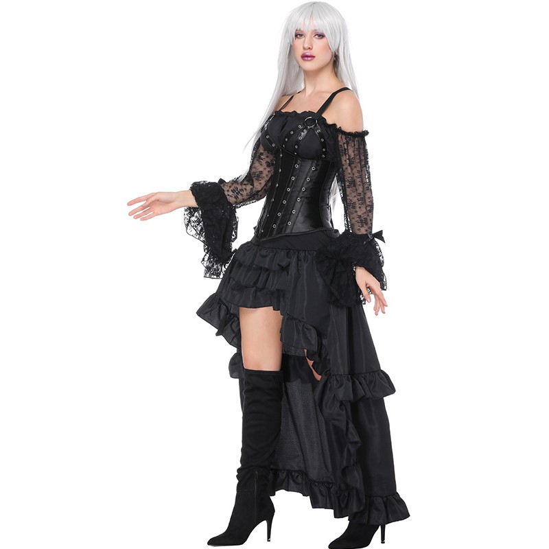 Women Spaghetti Strap Satin Underbust Corset and A Layered Hi-lo Long Skirt Halloween Cosplay Steampunk 2pcs Set Gothic Corset Dress Outfit