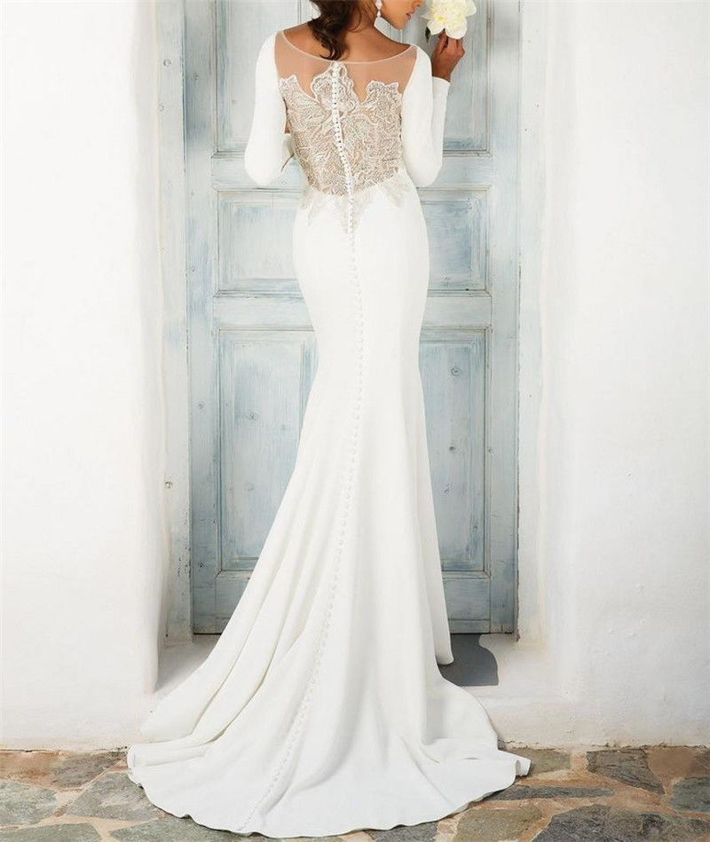 Beaded Sheer Back Wedding Dresses Mermaid Bridal Gowns Long Sleeves Sweep Train Satin Garden Beach Wedding Dress Plus Size