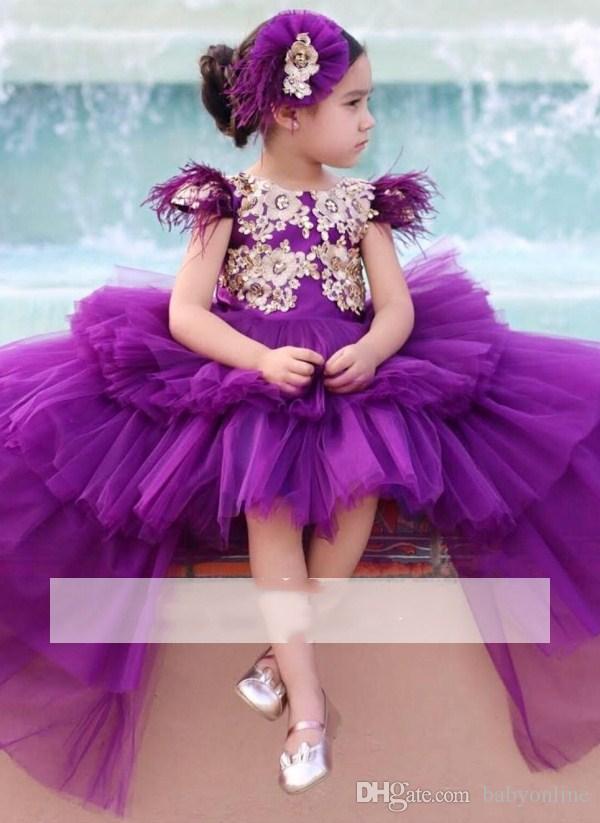 High Low Elegant Purple Girls Pageant Dresses Princess Cap Sleeve Gold Appliques Long Toddler Formal Party Prom Gowns For Kids