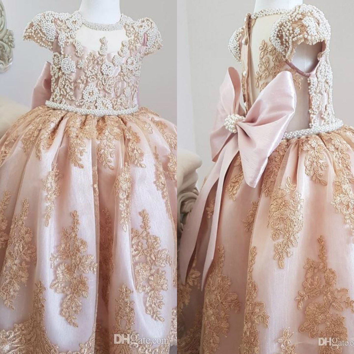 Luxurious Pearls Lace 2019 Flower Girl Dresses Short Sleeves Little Girl Wedding Dresses Vintage Pageant Dresses