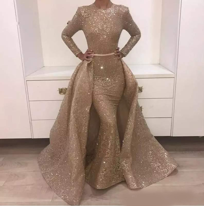 2020 Mermaid Evening Dresses Jewel Long Sleeve Unique Design Evening Gowns Lace With Sequins Beads Crystals Formal Evening Dresses