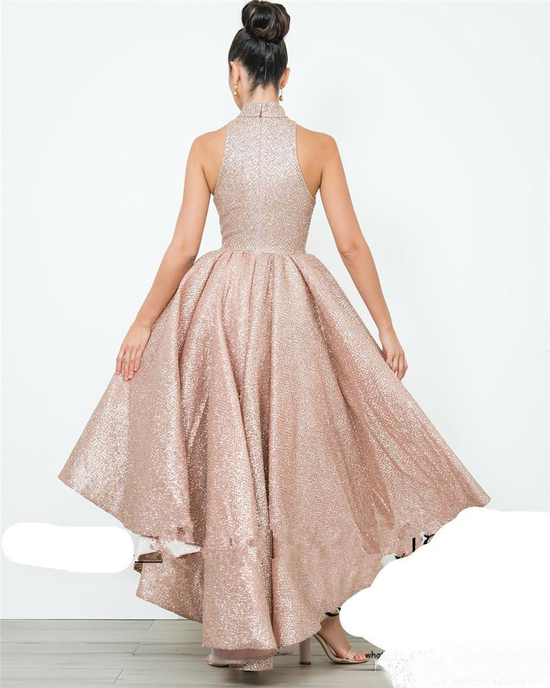 Hi Lo Sequined Prom Dresses Sleeveless High Collar Arabic Dubai Rose Gold Evening Dress Customize Cocktail Party Gowns Vestidos De Novia