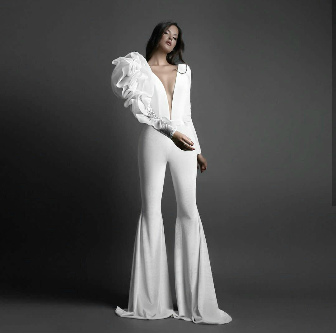 White Prom Dresses Jumpsuits Sexy Ruffles Deep V Neck Long Sleeve Sheath Evening Gowns Floor Length Party Pageant Dress