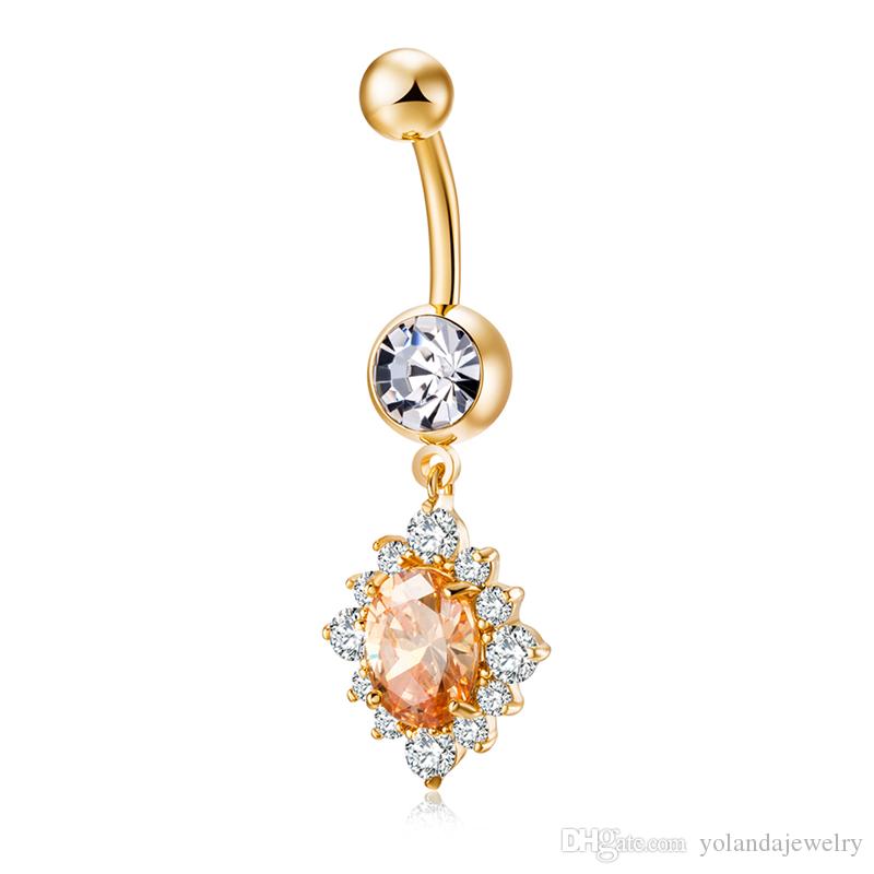 Crystal Dnacing Belly Ring for Girls 18K Yellow Gold Plated CZ Body Piercing Navel for Grils Women P0176