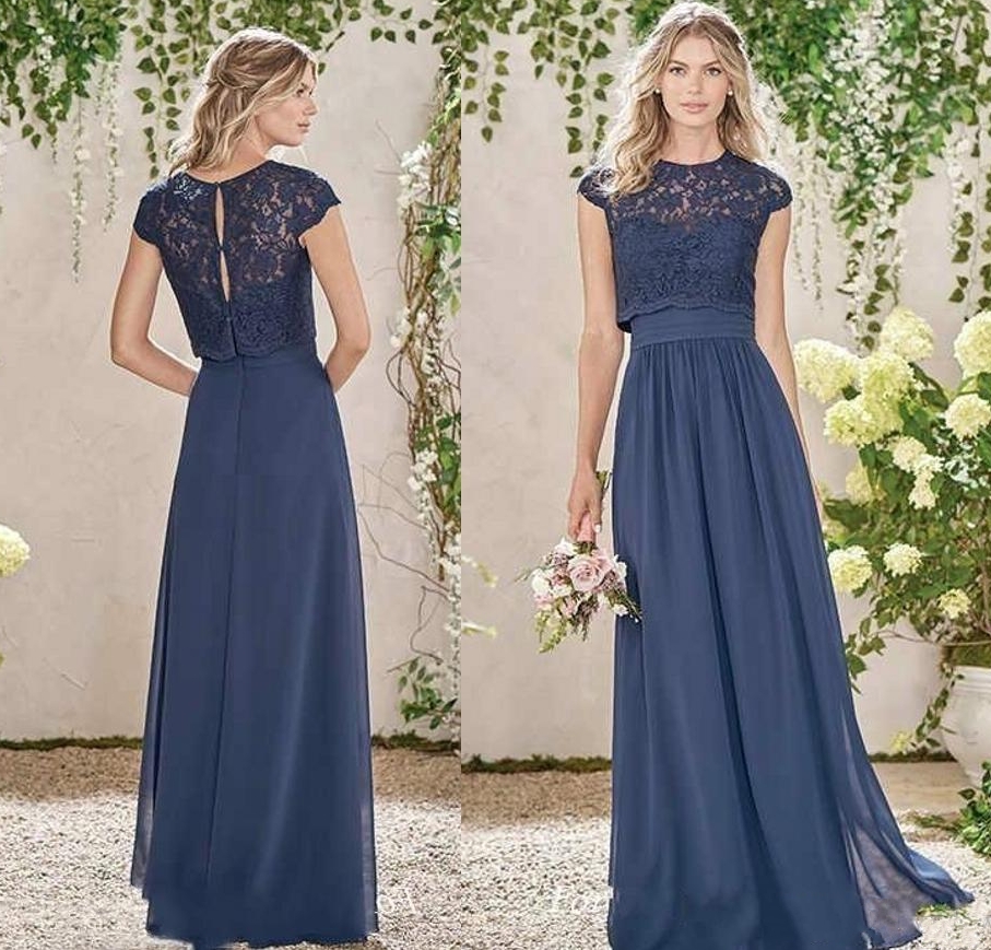 Elegant Dark Navy Long Bridesmaid Dresses Two Pieces Lace Maid Of Honor Dresses Wedding Guest Gowns Custom Made Plus Size HY342