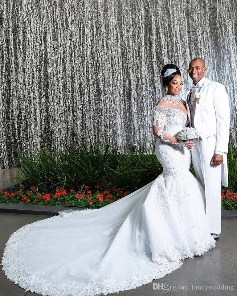 2019 Plus Size Mermaid Wedding Dresses Beads Crystal Lace Appliqued Court Train Modest Wedding Dress Long Sleeves African Bridal Gowns