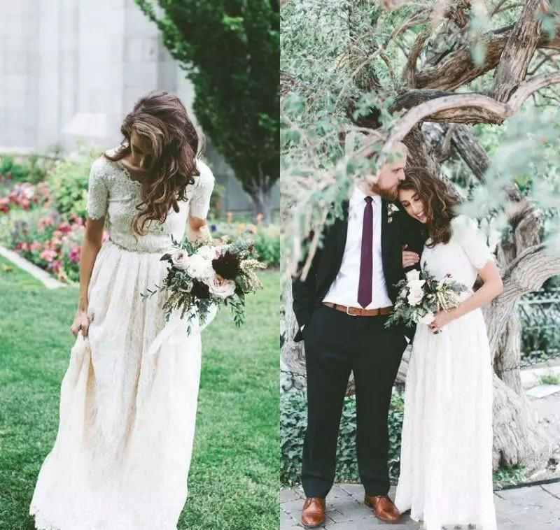 Cheap Boho Full Lace Wedding Dress A Line Short Sleeves Country Garden Formal Bride Bridal Gown Custom Made Plus Size
