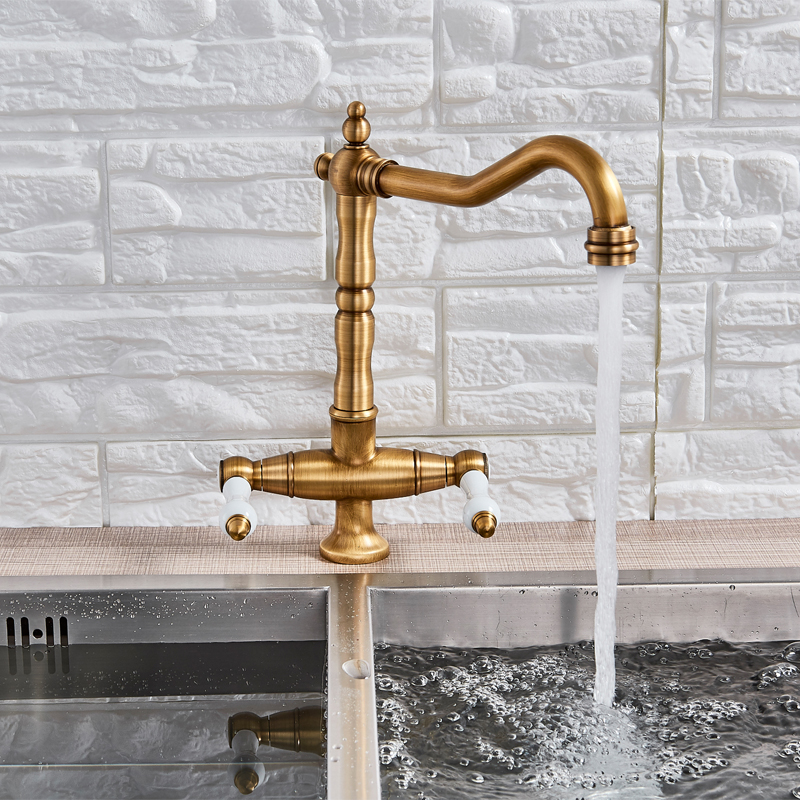 Antique Brass Dual Handle Kitchen Faucet Deck Mounted Ceramic Handle Kitchen Sink Tap Swivel Spout Hot Cold Water Kitchen Mixer