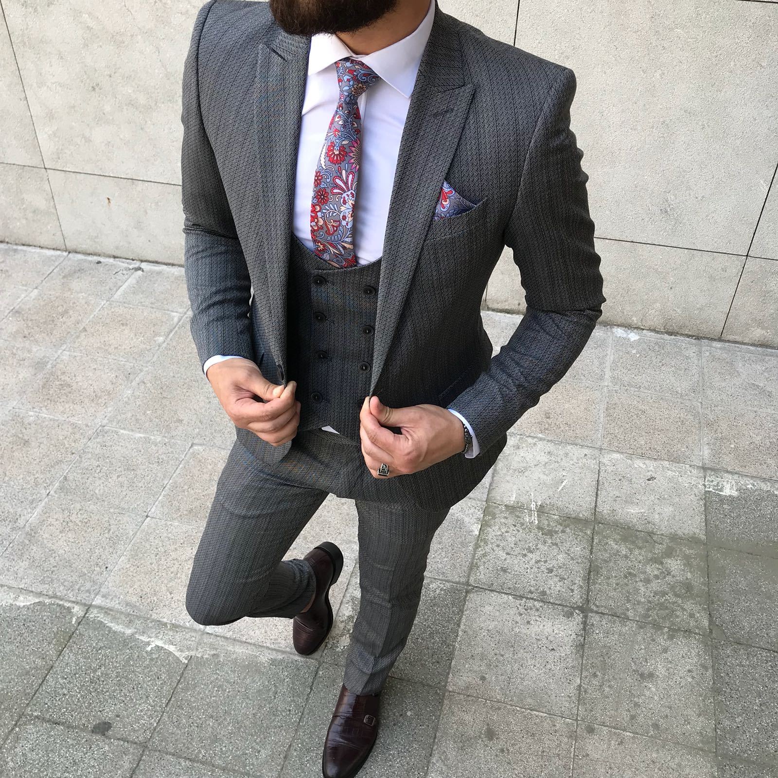 Fashion Herringbone Groom Wedding Tuxedos Slim Fit 3 Pieces Notched Lapel Mens Pants Suits High Quality Designer Jackets