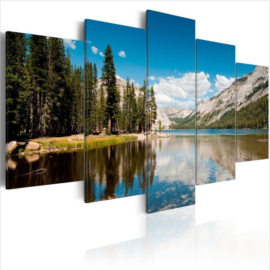 ( No Frame)5PCS/Set Abstract Alpine Lakes Landscape Art Print Frameless Canvas Painting Wall Picture Home Decoration