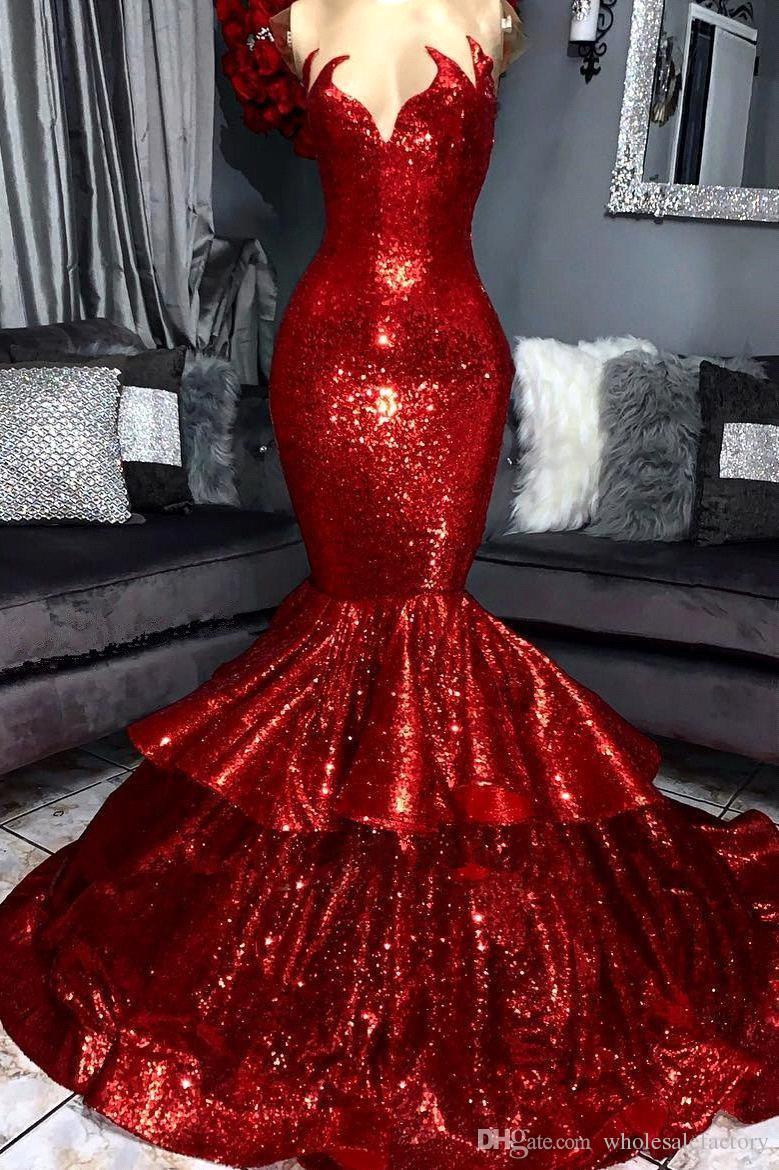 2019 Red Sequins Long Prom Dresses V Neck Bling Layered Skirts Ruffles Floor Length Mermaid Evening Dress Formal Occasion Gowns