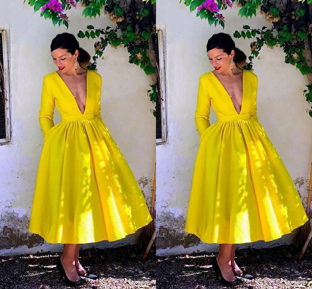 Stunning Yellow Tea Length Deep V Neck Prom Party Homecoming Dresses With Pocke…
