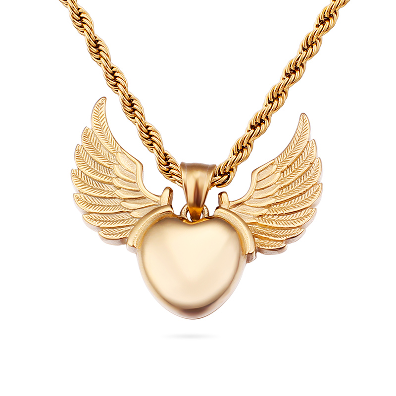 Women Men Hip Hop Heart Shape Angel Wings Pendants Necklace 316L Stainless Steel 18K Gold Plated Jewelry