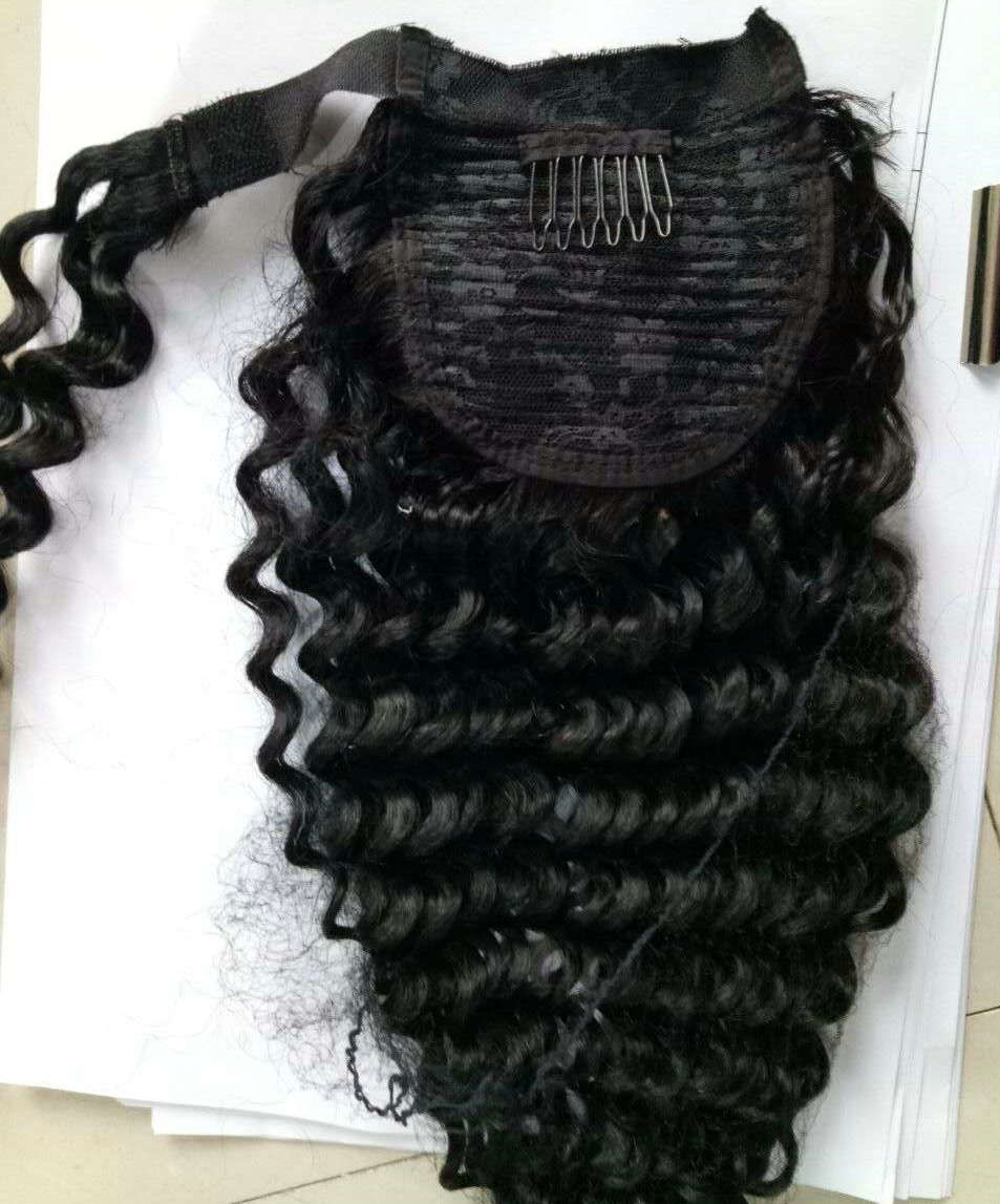 18" 160g Deep Curly Wrap Around Clip in on Ponytail Extensions Magic Paste Wavy Hair Pieces for Women and Girls drawstring human