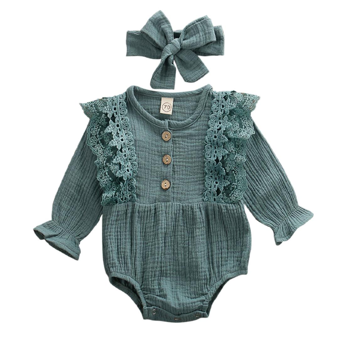 Emmababy 2PCS Newborn Infant Kid Baby Girl Long Sleeve Lace Patchwork Bodysuit Jumpsuit Playsuit Clothes+Headband Autumn