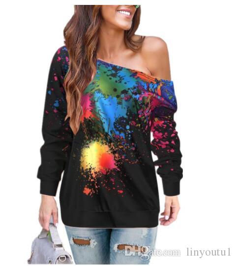 2020 Fashion T Shirt Women Long Sleeve One Shoulder Paint Splatter Print Korean Style Women Funny T Shirts Women