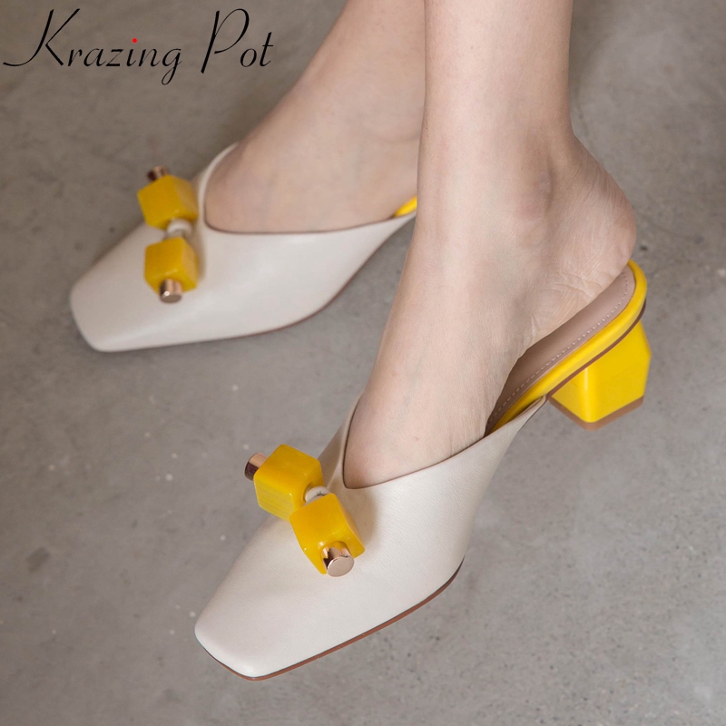Krazing pot full grain leather square toe strange med heel slip on mules metal decorations office lady daily sandals women L51, Green