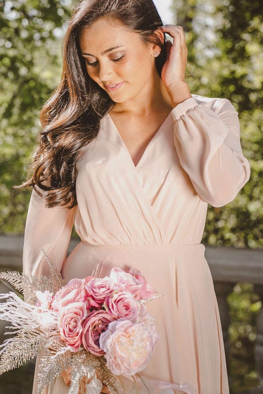 Romantic Bohemian Bridesmaid Long Sleeve Boho Wedding Guest Dress Chiffon Gowns Maid Of Honor Dresses For Weddings V Neck Plus Size 0510
