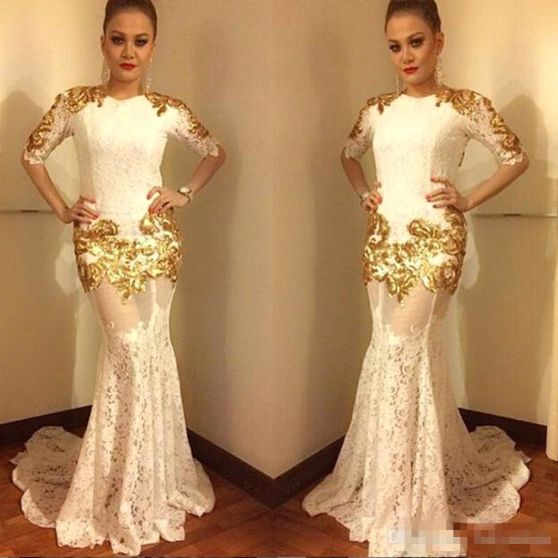 Mermaid 2019 Vintage Evening Dresses Half 1/2 Sleeves Gold Appliue Aracbic Lace See Through Long Prom Party Dress