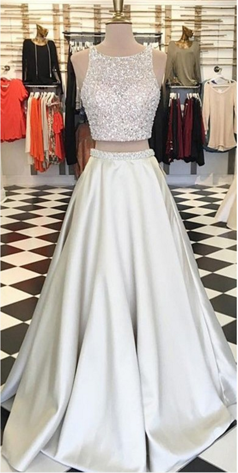 2019 Charming 2 Pieces Long Prom Dresses Beaded Formal Evening Party Dress Bridesmaid Wear Party Gown QC1359