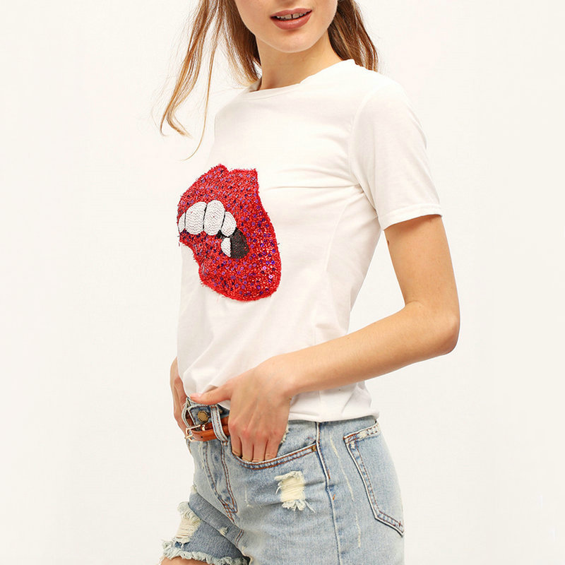 2020 high quality lady top Fashion Sexy Lips Sequin t shirt Women Clothes Summer Short Sleeve t-shirt Casual Cotton tshirts Female Tops