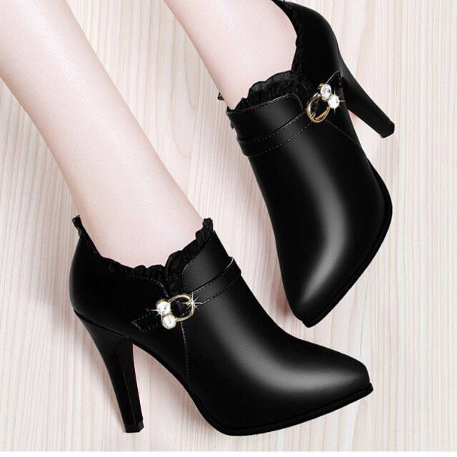 2019 Winter Super High Heels Ankle Boots Women Dress Shoes Lace Pointed Toe Botas Mujer Rhinestone Booties Gladiator Black N7837 Y200115