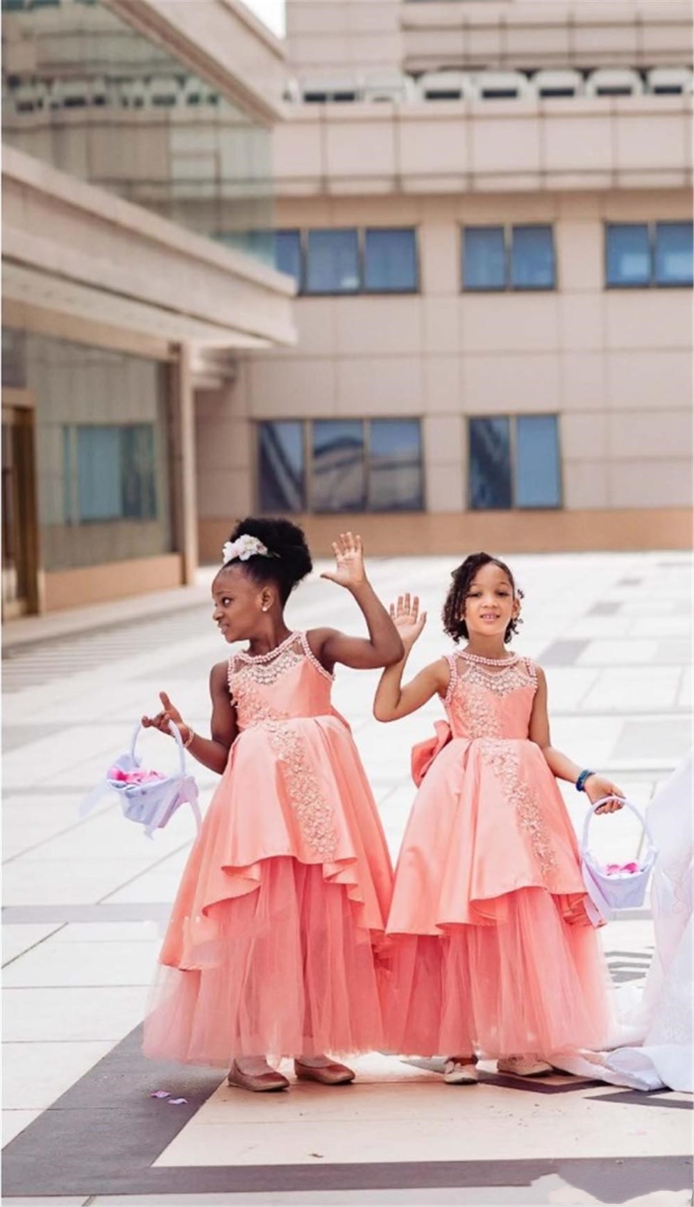 African Blush Pink Flower Girl Dresses for Wedding Hi Lo Lace Appliqued Girls Pageant Gowns with Bow Sash Beaded Kids Birthday Party Dress