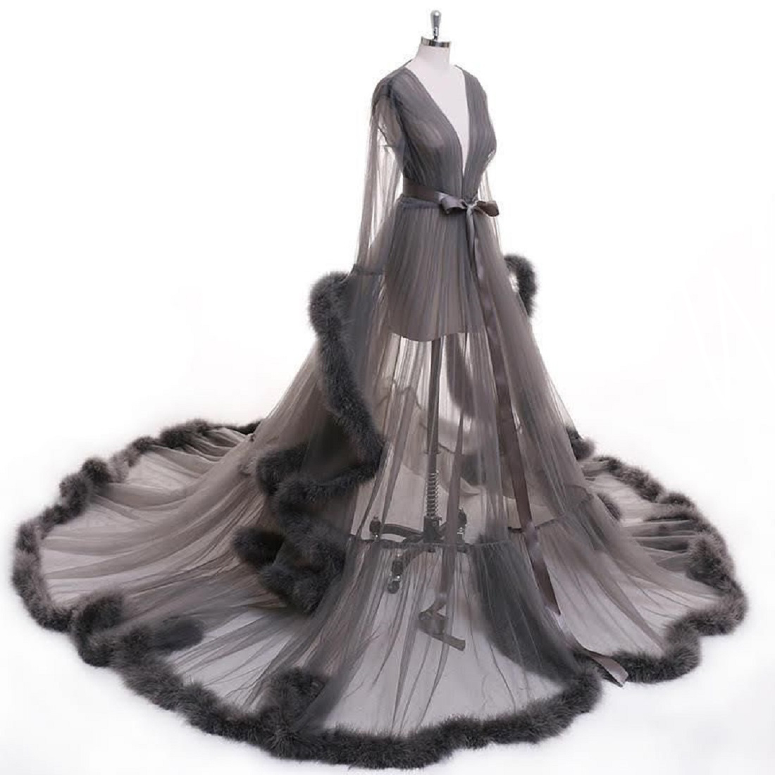 wedding robes high vneck long sleeves fur ribbon sash bathrobes night gowns for women custom made sweep train pajamas sleepwear cheap