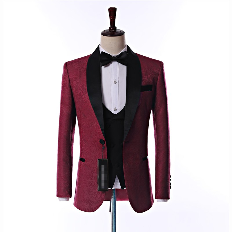 Side Vent One Button Burgundy Paisley Wedding Groom Tuxedos Shawl Lapel Groomsmen Men Suits Prom Blazer (Jacket+Pants+Vest+Tie) NO:2158