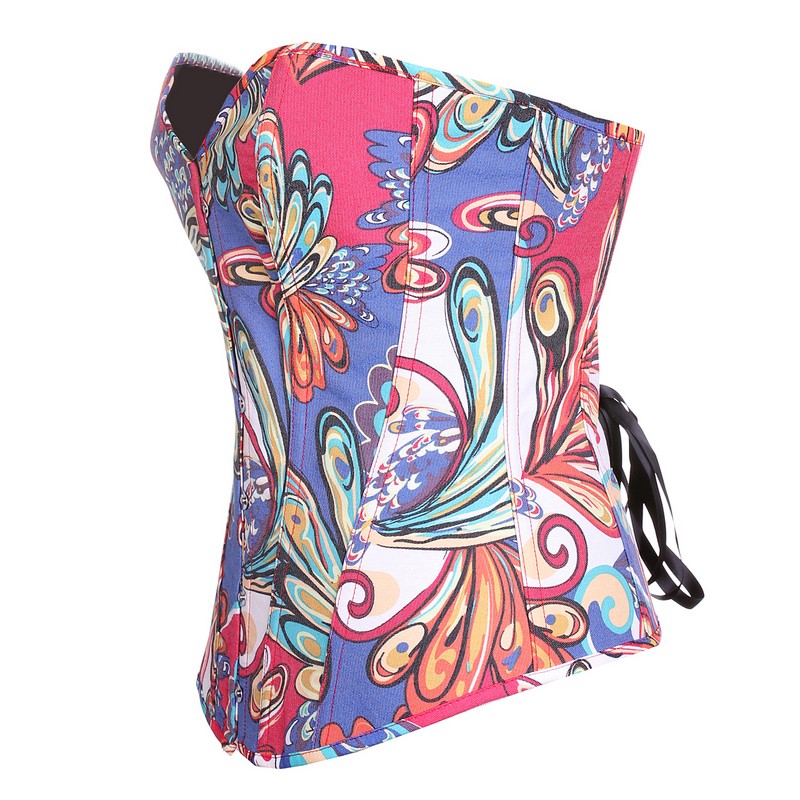 Colorful Printed Overbust Corset Women No Trim Vivid Floral Lace-up Padded Bustier Fashion Daily Corset Slim Body Waist Cincher Shapewears