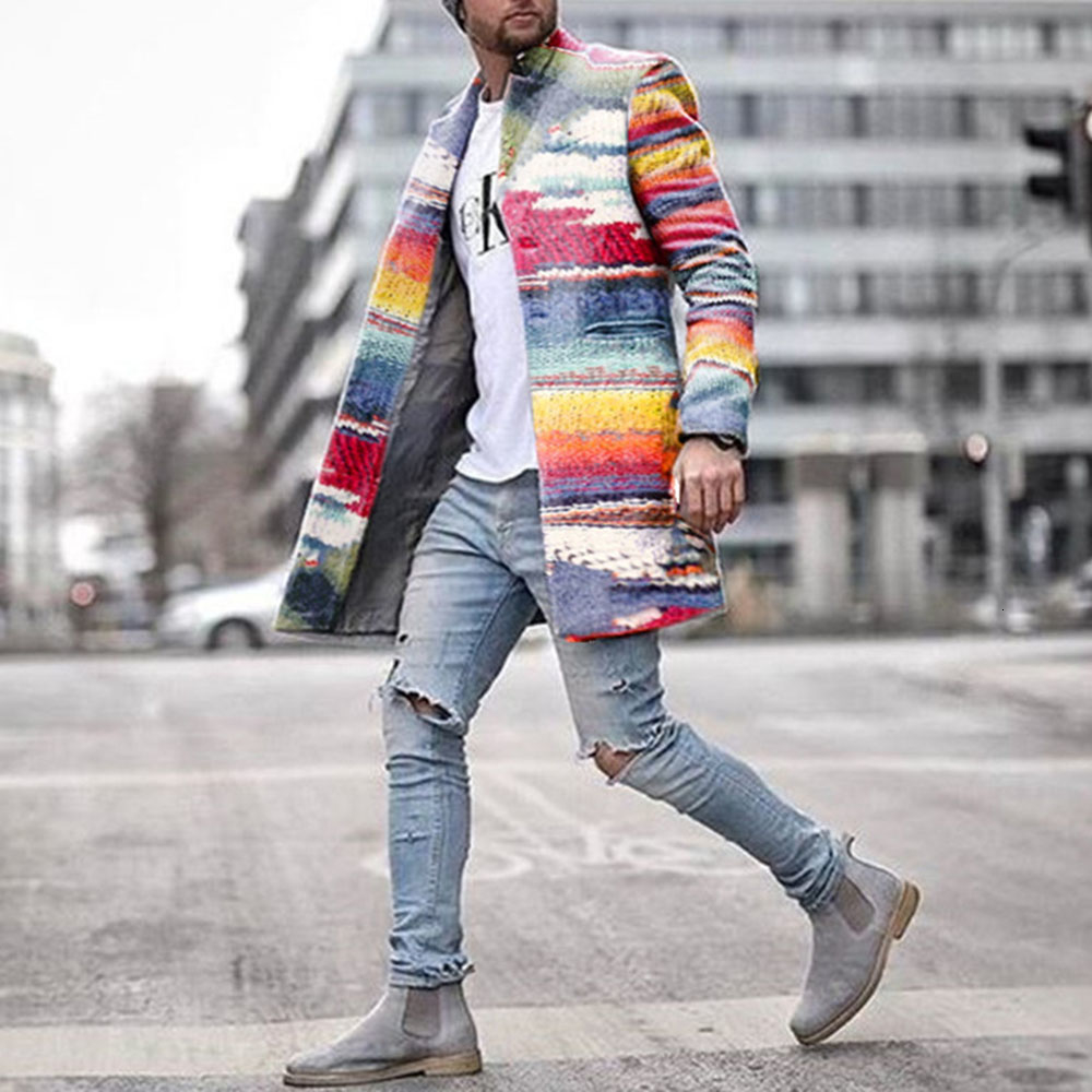 Men's Long Blazer Coats Office Overcoat 4XL Autumn And Winter Rainbow Print Long Warm Coat Men Plus Size Outwear Black Warm CJ191212