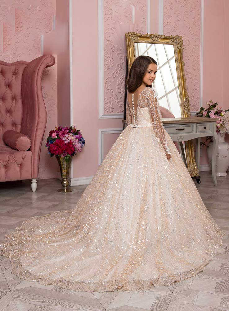 Luxurious BlingBling Flower Girl Dresses Long Sleeves Sheer Neck Little Girl Wedding Dresses Vintage Lace Communion Pageant Dresses Gowns