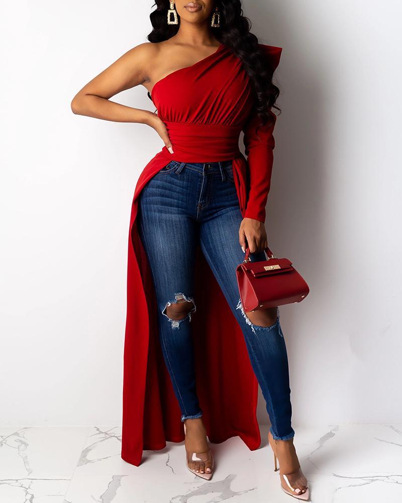 2020 Spring Elegant Solid One Shoulder Dip Hem Blouse Women Long Sleeve Skew Collar Asymmetrical Casual Blouses Tops T200321