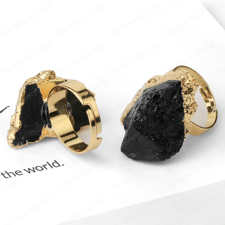 Natural Stone Gold-color Adjustable Ring Irregular Black Tourmaline Blue Crystal Finger Rings for Women Trendy Jewelry
