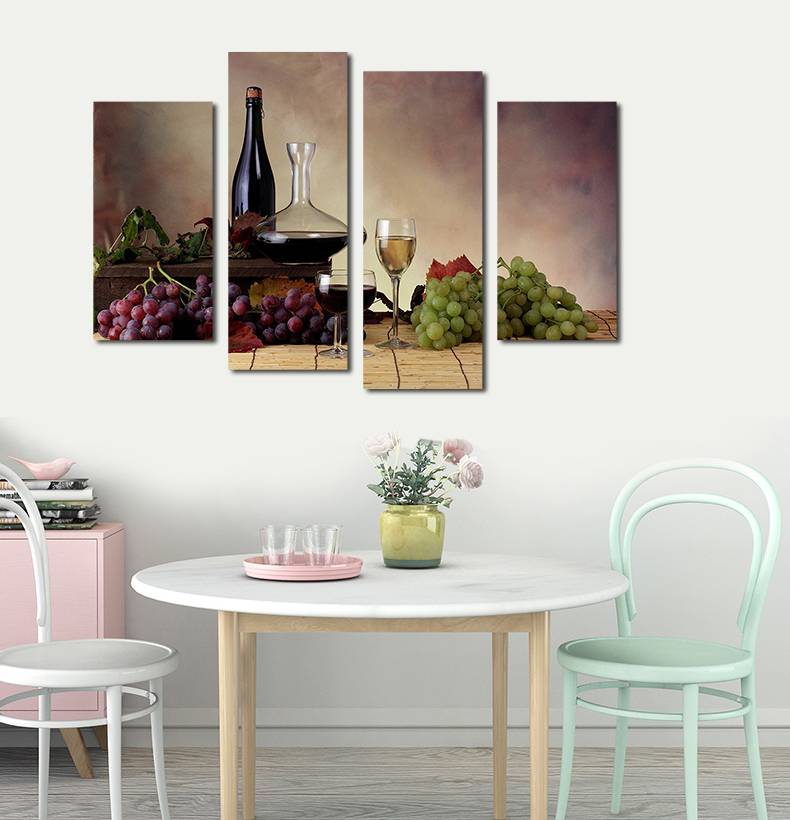 4pcs/set Unframed Green Purple Grapes and Wine HD Print On Canvas Wall Art Picture For Home and Living Room Decor
