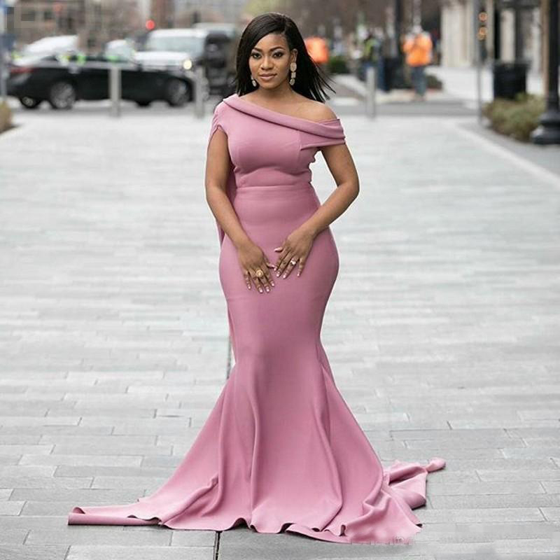 Pink Mermaid Evening Dresses Long African Women Elegant Formal Gowns Sweep Train Black Girls Prom Dresses