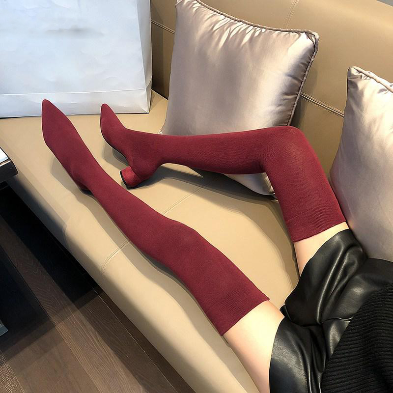 Handmade Knitted slim stretch boots over the knee thigh high boots new pointed toe slip on medium heels long boots, Black 
Handmade Knitted slim stretch boots over the knee thigh high boots new pointed toe slip on medium heels long boots, Black
