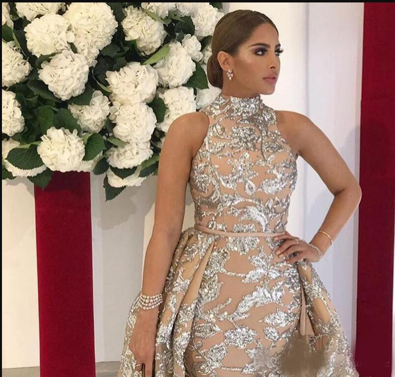 2020 New High Neck Prom Dresses Sleeveless mermaid Gold sequin Appliqued with Detachable Train Pageant Gown Formal Evening Dress Plus Size