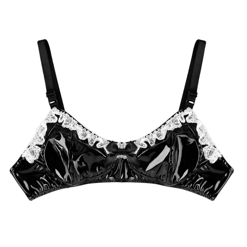 Bras Sexy Men Bra Top Mens Lingerie Sissy Bralette Bowknot Black Faux Leather Latex Lace Fetish Erotic Wetlook Underwear