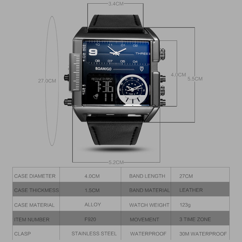 BOAMIGO brand men sports watches 3 time zone big man fashion military LED watch leather quartz wristwatches relogio masculino CJ191213