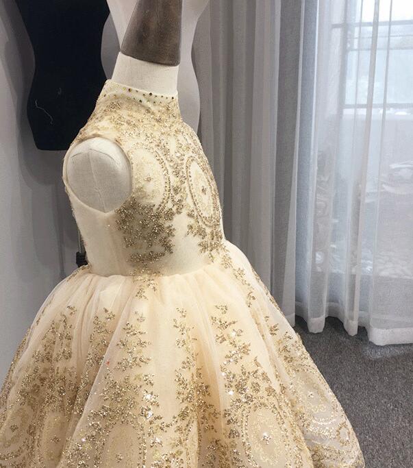 Stunning Champagne Flower Girls Dresses Ball Gown Soft Tulle with Gold Applique Girl's Party Dresses Zipper Back Ball Gown