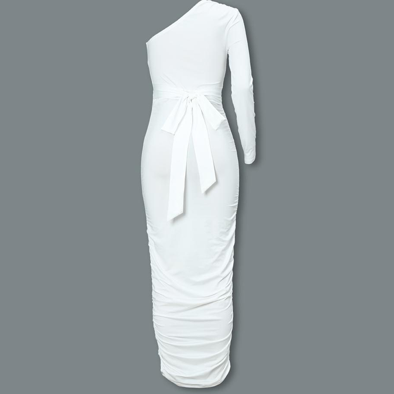 Women Elegant Fashion Sexy White Cocktail Party Slim Fit Dresses One Shoulder Belted Ruched Design Bodycon Midi Dress1
