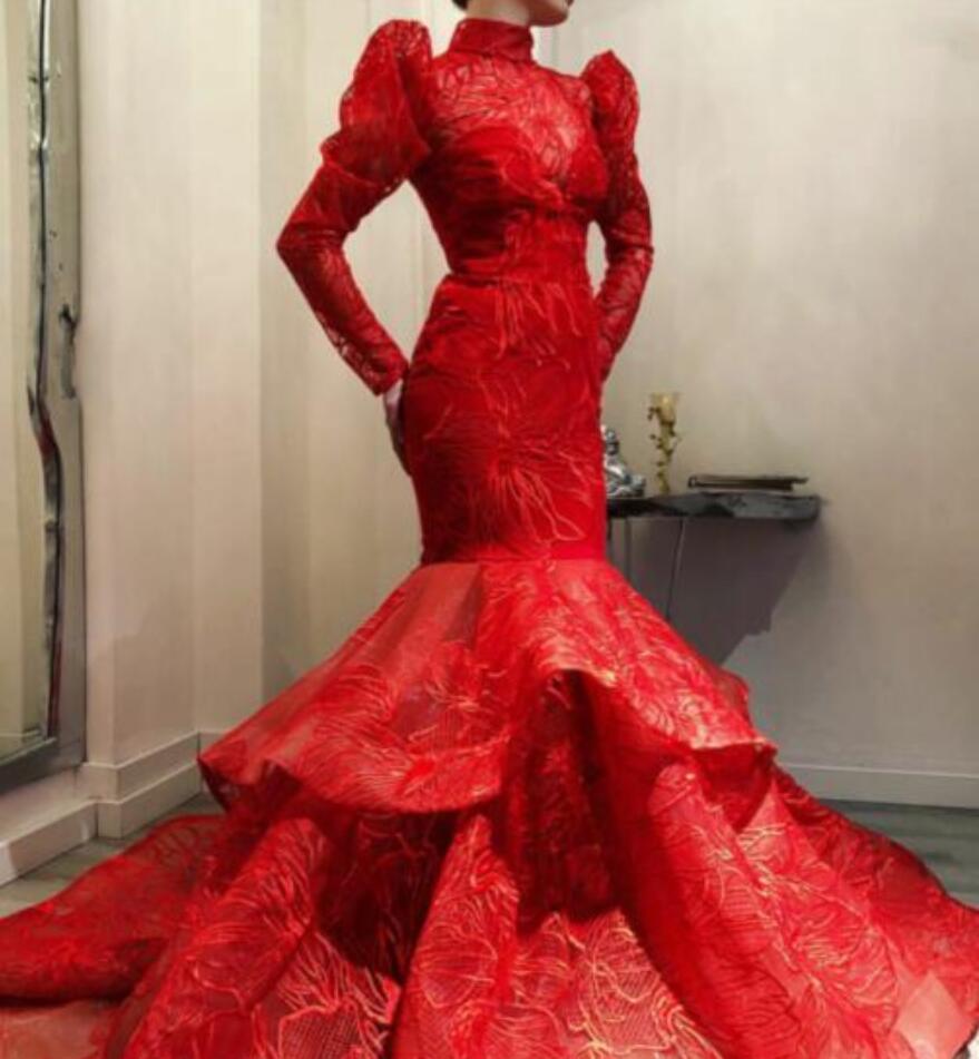 Red Evening Dresses High Neck Tulle Tiered Skirts Floor Length Long Sleeve Prom Dress Custom Made Formal Party Gowns
