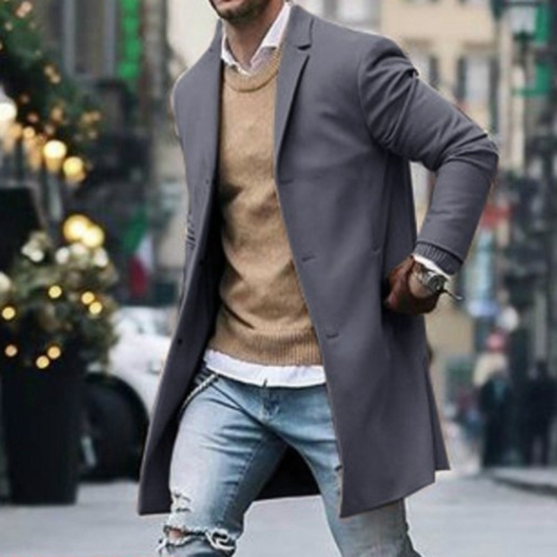 Litthing New Men Trench Coat Autumn Slim Fit Pea Wool Jacket Coat Men Long Coats Pure Color Fashion Overcoats Casaco Masculino T200102