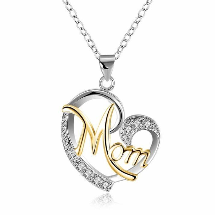 Contrast Color Crystal Heart Mom Necklace Pendant Diamond Fashion Love Mom Jewelry Mother Birthday Day Gift Will and Sandy Free Shipping