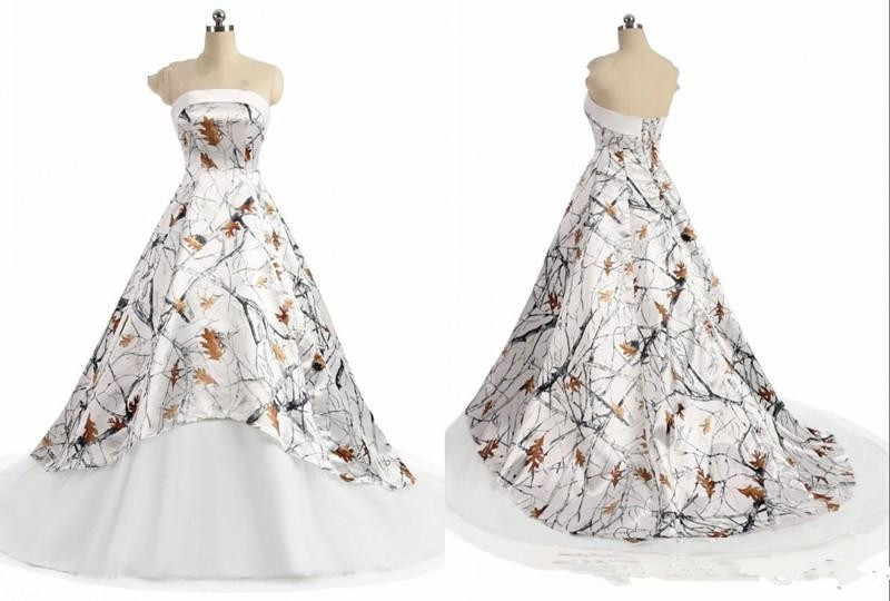 White camo country wedding dresses 2019 modern strapless lace-up corset back realtree camouflage boho beach bridal wedding gown