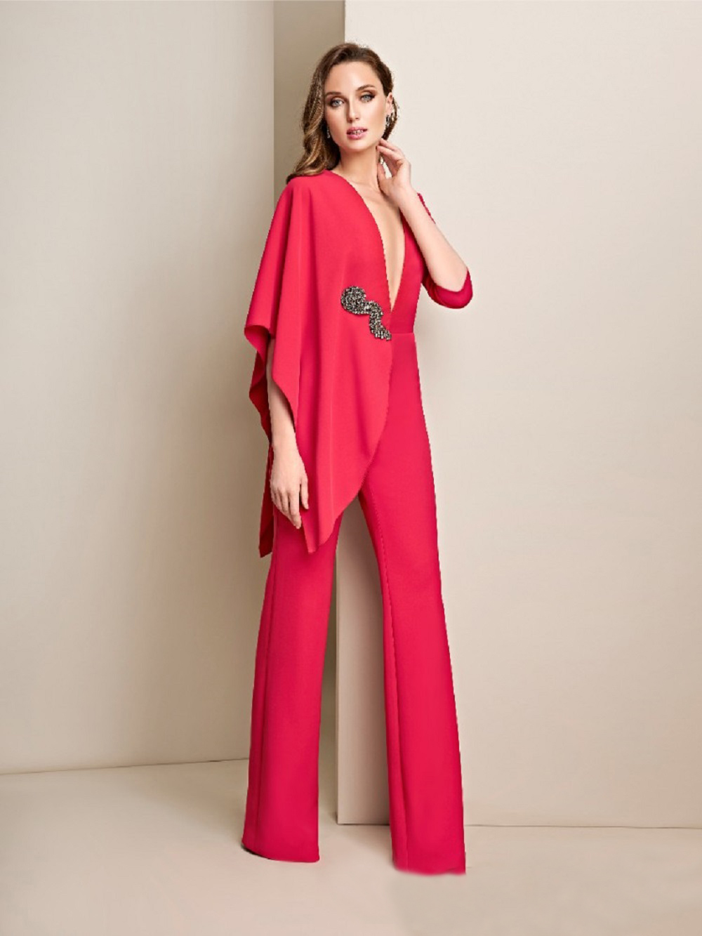 2020 Red Evening Jumpsuit Deep V Neck Satin Beaded Women Pants Suit Prom Dress Party Wear Custom Made Robes De Soirée