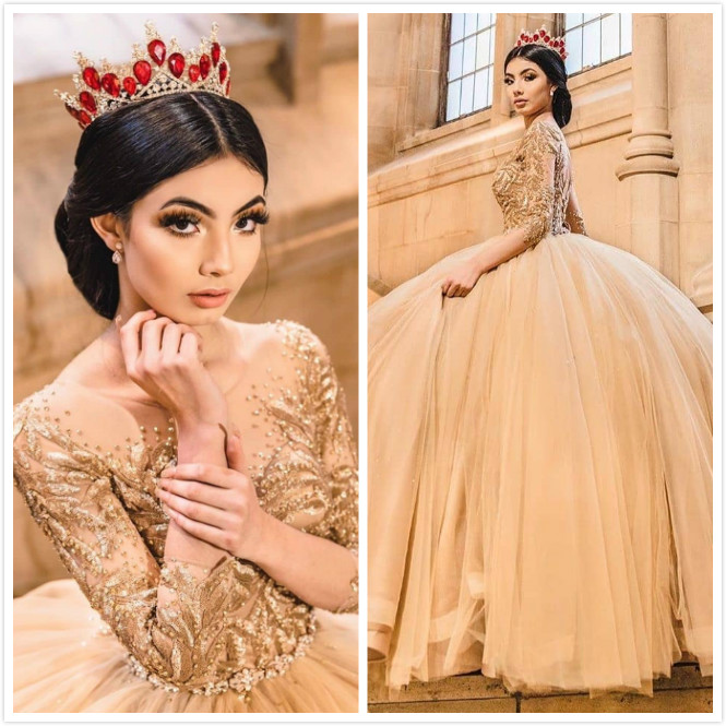 Gold Lace Beaded Crystals Quinceanera Prom Dresses Sheer Neck Long Sleeves Tulle Evening Party Sweet 16 Dress ZJ17, Yellow
Gold Lace Beaded Crystals Quinceanera Prom Dresses Sheer Neck Long Sleeves Tulle Evening Party Sweet 16 Dress ZJ17, Yellow