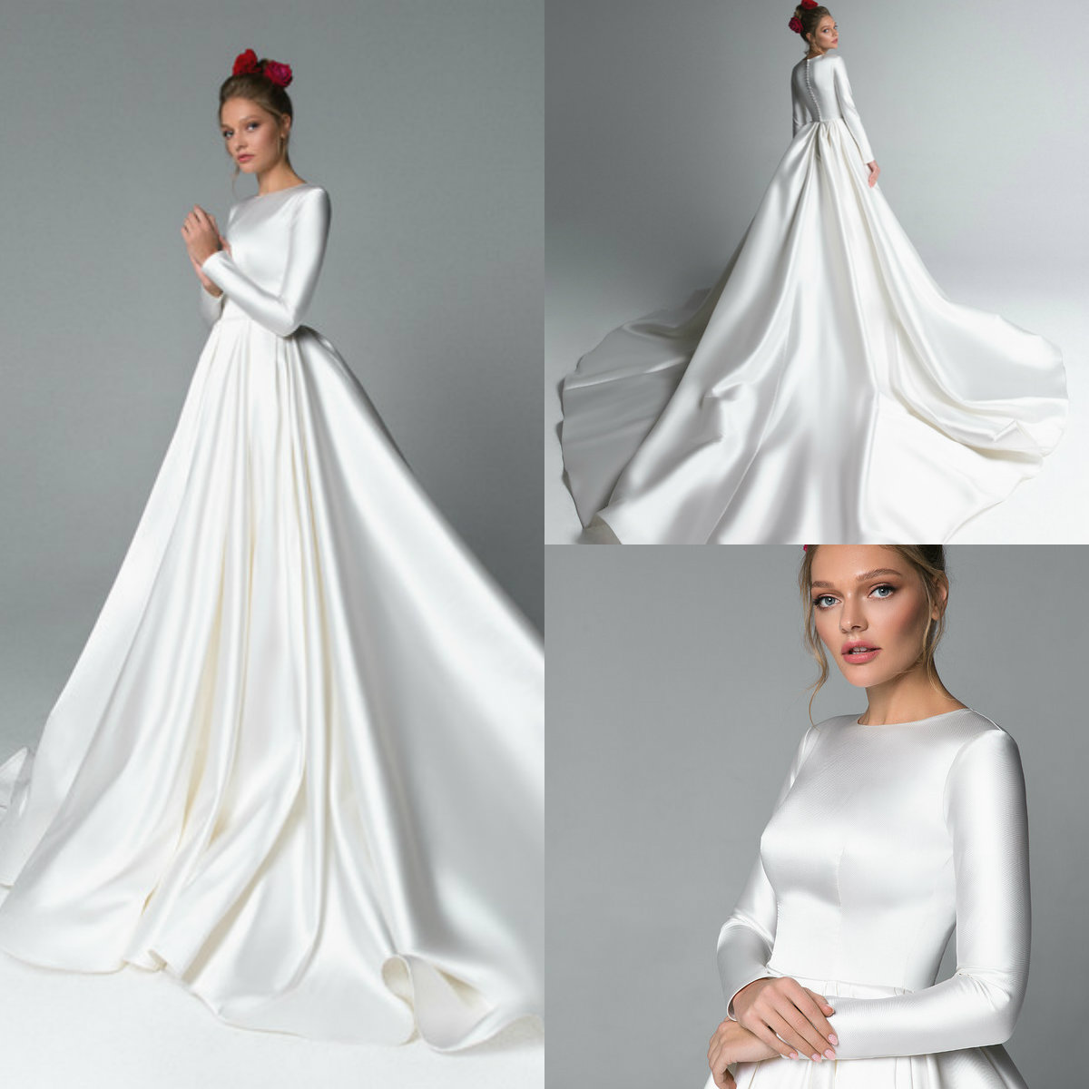 Elegant Satin Dresses Jewel Neck A e Long Sleeves Beach Wedding Dress Sweep Train Vestidos De Novia Country Bridal Gowns